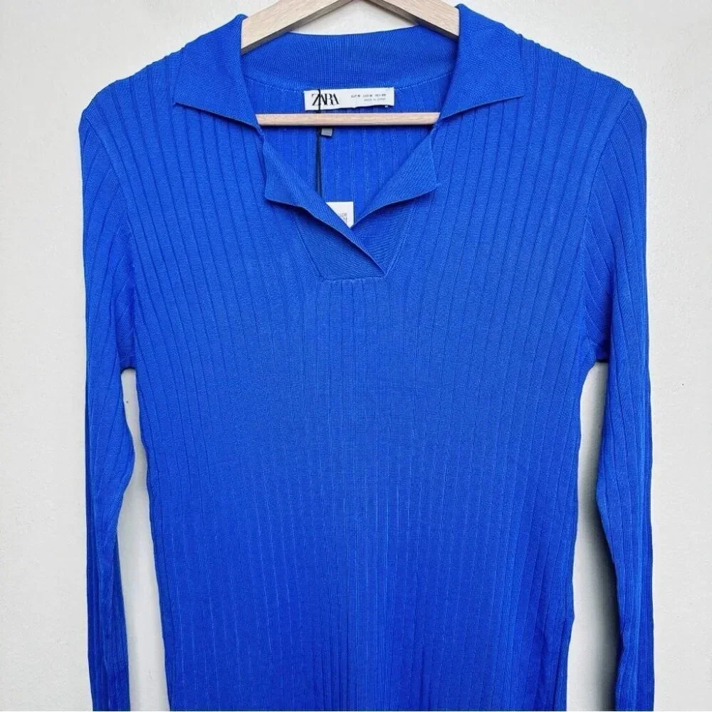 Zara Womens Size Medium Ribbed Royal Blue Slit Hem  Tunic Top - Picture 3 of 13